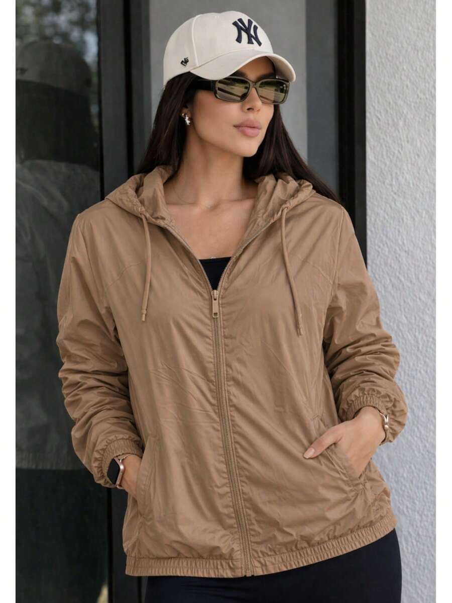 Women's Waterproof Windbreaker Jacket, Lined, Casual Fabric, Zipper, Nightwear, Airport Travel, Autumn/Winter - 卡其色 - 查看 1