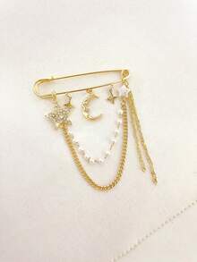 1pc Star & Moon Safety Pin Brooch With Sparkling Rhinestones, Multi-Chain Large Brooch Pin For Sweater, Suit, Dress, Pants, Fashion Jewelry Gift For Women, Summer Holiday - Gold - View 3