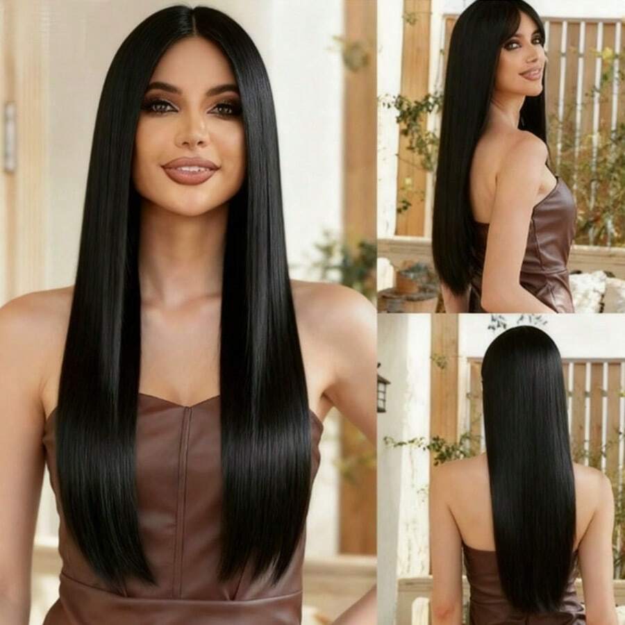 70cm Natural Black Middle Part Straight Wig, High Density Breathable Heat-Resistant Fiber, Versatile Fashion For Party, Suitable For All Women - 多色 - 查看 1