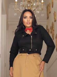 Elegant Warm Suede Jacket With Belt - Women's Party Dress - Elegant Contrast - Office Casual Blouse - Women's Winter - màu đen - Xem 3