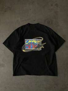 Camiseta Unisex Negra de Manga Corta 100% Algodón con Estampado Retro de TV y Gráfico Urbano, Estilo Y2K Streetwear, Cómoda y Transpirable para Uso Diario y Salidas Casuales - Negro - Ver 1