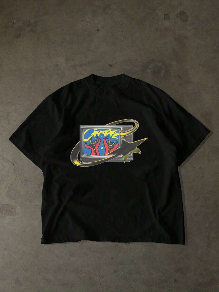 Camiseta Unisex Negra de Manga Corta 100% Algodón con Estampado Retro de TV y Gráfico Urbano, Estilo Y2K Streetwear, Cómoda y Transpirable para Uso Diario y Salidas Casuales - Negro - Ver 1