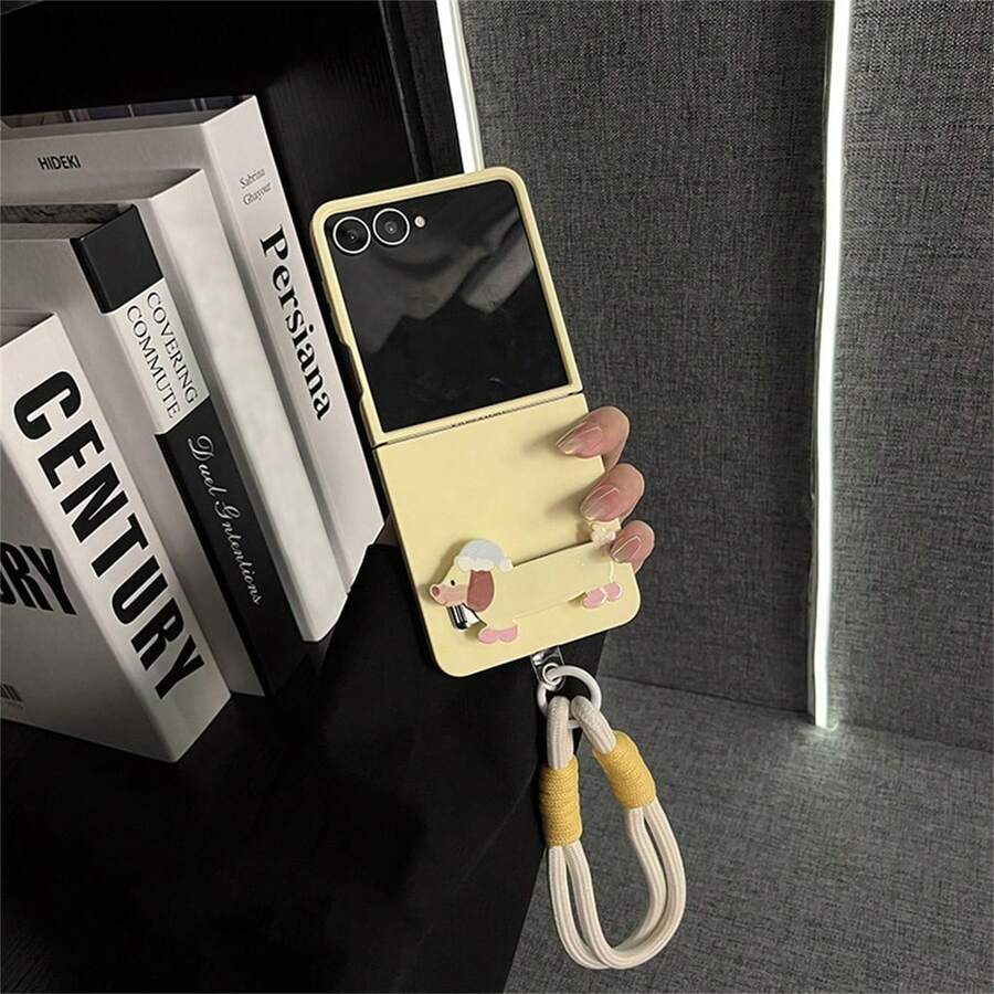 可愛極簡奶油黃手機殼，附小狗造型支架，適用 Galaxy ZFlip7 Z Flip6 ZFlip 5 Zflip6，防摔背蓋