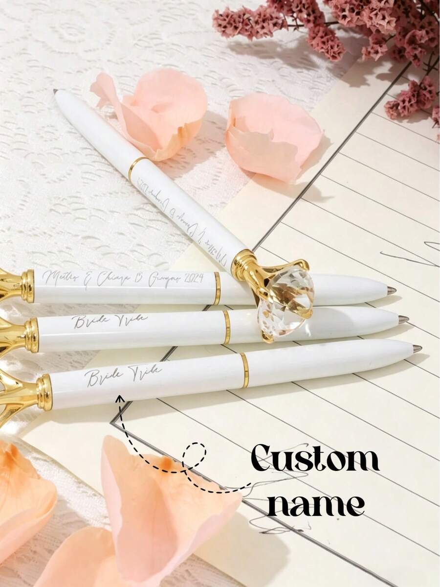 Customizable Diamond-Shaped Metal Pen, Laser Engraved Personalized Ballpoint Pen, Customized Wedding Bride/Bridesmaid Check-In Pen, Luxury Wedding Signature Book Pen With Crystal Rhinestones - Multicolor - View 1