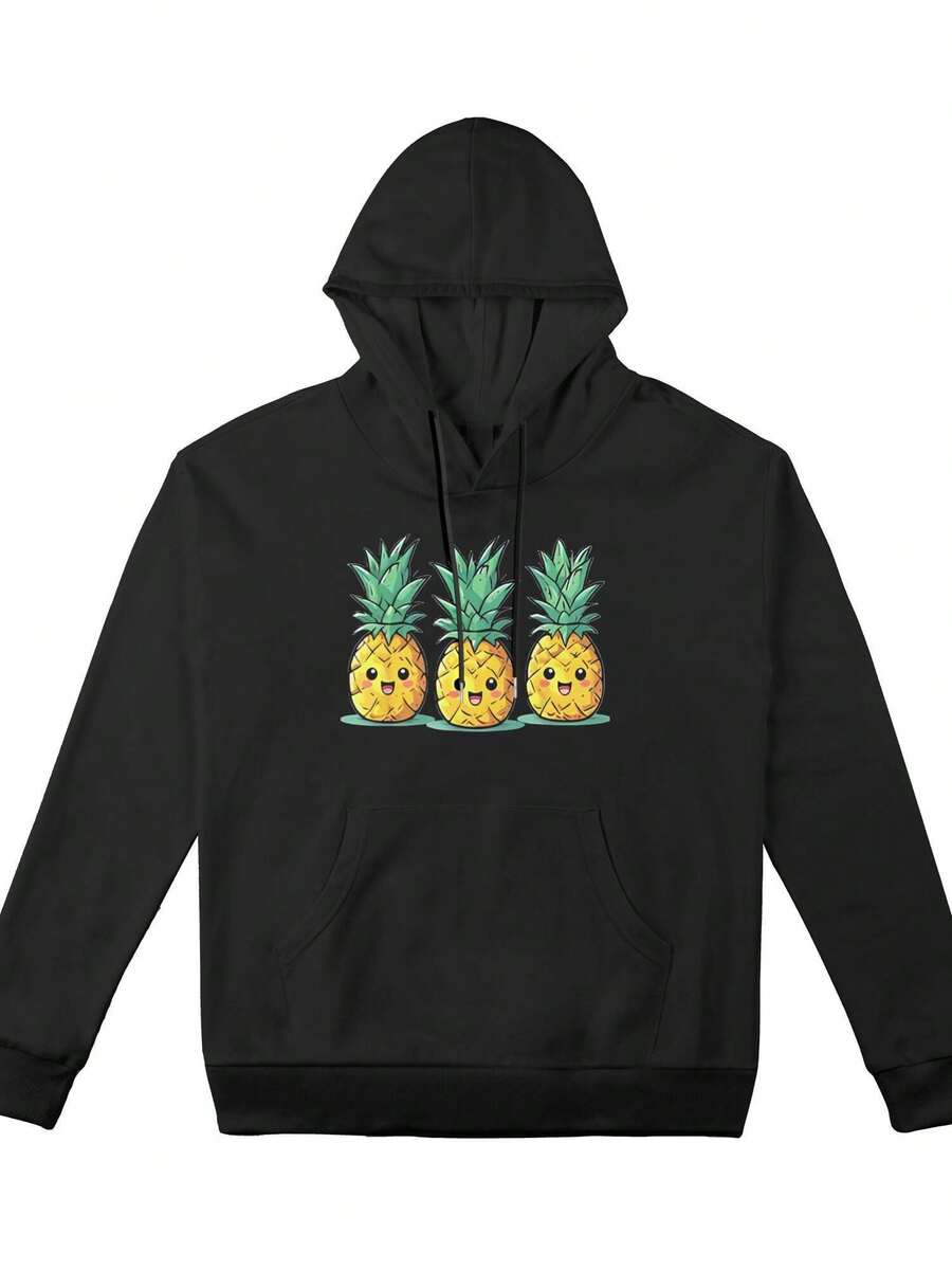 Men's Hoodie - Black Hawaiian Pineapple Pattern Pullover Sweatshirt With Kangaroo Pocket And Adjustable Hood, Washable Long Sleeve Sweatshirt, Suitable Gym And Casual Daily Wear - Tropical Aloha Style Clothing, Comfortable Fall/Winter Sweatshirt - 黑色 - 查看 1