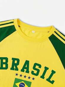 Áo thun nữ tay raglan phối màu tương phản phong cách Y2K Retro Blokecore họa tiết Brazil, kiểu dáng thường ngày mùa hè. - Màu vàng - Xem 3
