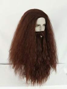 Brown Long Curly Wig With Beard Set For Men, Heat Resistant Silk Soft Matte Realistic Hair, Retro Wizard Style, Breathable Inner Cap Easy To Wear. Ideal For Halloween Party, Fantasy Cosplay, Stage Performance & Holiday Masquerade Men Full Head Wig. - Chocolate Brown - View 5