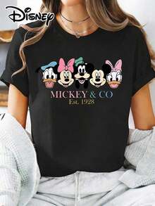 Disney Official Authorization | Women's Street Casual Short-Sleeve T-Shirt, Printed With The Iconic Character Heads Of Donald Duck, Minnie Mouse, Goofy, Mickey Mouse, And Daisy Duck, Featuring A Retro "MICKEY & CO Est.1928" Design. Made Of Opaque Fabric, It Is Machine Washable, Versatile And Casual, And Suitable For Spring And Summer Wear. - 黑色 - 查看 6