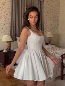Vestido Casual Elegante com Laço Nas Costas, Plus Size, Branco, Vestido de Verão, Vestido de Festa, Looks de Férias de Verão, Looks de Férias para Mulheres - Branco - Visão 6