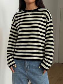 SDNGED Women's Casual Top, Striped Color Block Ribbed Fabric, Everyday Wear Spring/Autumn - Black Apricot Wide Stripes - View 2