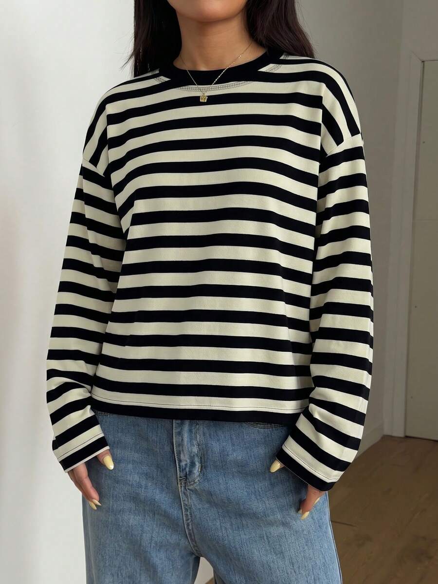 SDNGED Women's Casual Top, Striped Color Block Ribbed Fabric, Everyday Wear Spring/Autumn