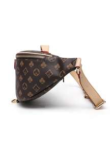 Vintage Monogram Print Fanny Pack For Women, Retro Poker Suit & Diamond Pattern Waist Bag, PU Leather Adjustable Strap Crossbody Sling Bag. - Coffee Brown - View 3