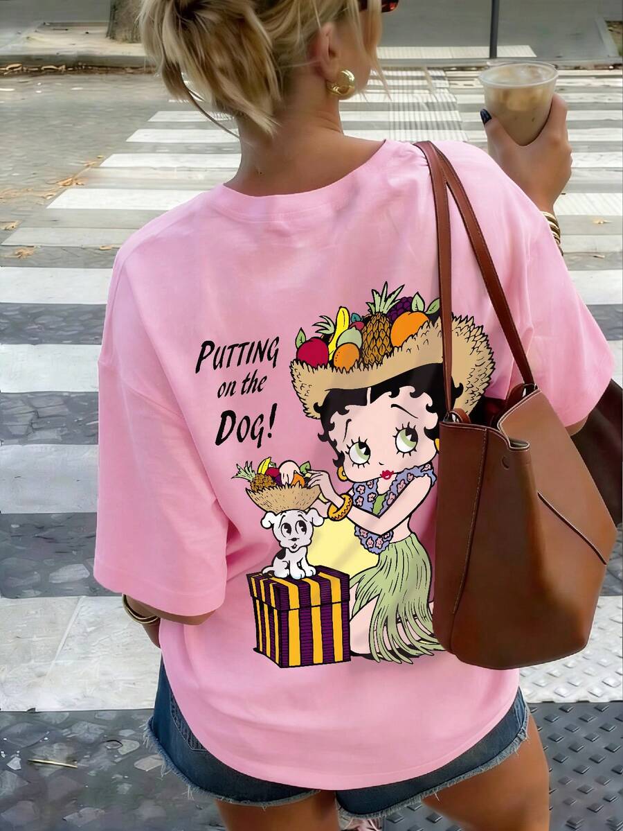 Elourie SHEIN X Betty Boop Chasing Dreams Sweet & Cute Women's Versatile Oversized T-Shirt Spring/Summer Edition Pink-Purple Casual Short Sleeve Wear The Playful Spirit Of - Dusty Pink - View 1