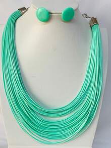 Maxi Waxed Multi-Strand Necklace Set With Button Earrings - 藍色 5 - 查看 1