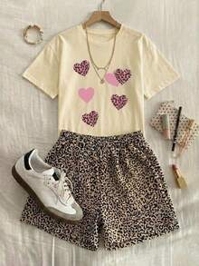 2 piezas Conjunto de top de manga corta con estampado flor y short animal print estampado animal para mujer- Traje de verano de dos piezas para mujer para vacaciones en la playa - Beis - Ver 1