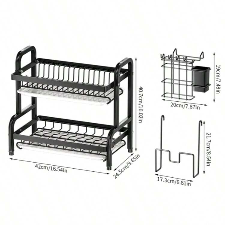 1 pieza Escurridor de cocina, Organizador de almacenamiento de vajilla multicapa grueso y resistente, Escurridor multifuncional de tazones y platos, Estante de 2 niveles/3 niveles para tazones y platos - Negro - Añade 7