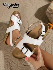 Women's Cork Sandals With Metal Buckle Decor, Platform Thick Sole Slides, Comfortable Versatile Beach/Casual Wear Suitable For Summer - White - View 2