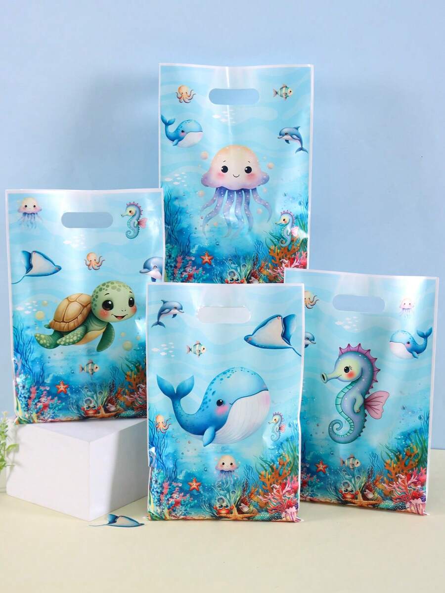 10/20/50个海洋动物礼品袋，鲸鱼和海龟图案糖果袋，带提手，海洋主题生日派对用品，零售购物袋和小企业用品，礼品包装袋，一周岁生日庆祝，水下主题派对礼品