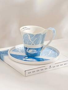 1 Set Hand-Painted Ice Lake Swan & Falcon Artistic Ceramic Dinnerware Set, Ins-Style Luxury Artistic Coffee Latte Mug, Dessert Cake Plate, Snack Plate, Large Oval Tray, High-End Home Dining Ware, Suitable For Restaurant, Living Room, Kitchen, Gift, Gathering - Multicolor - View 4