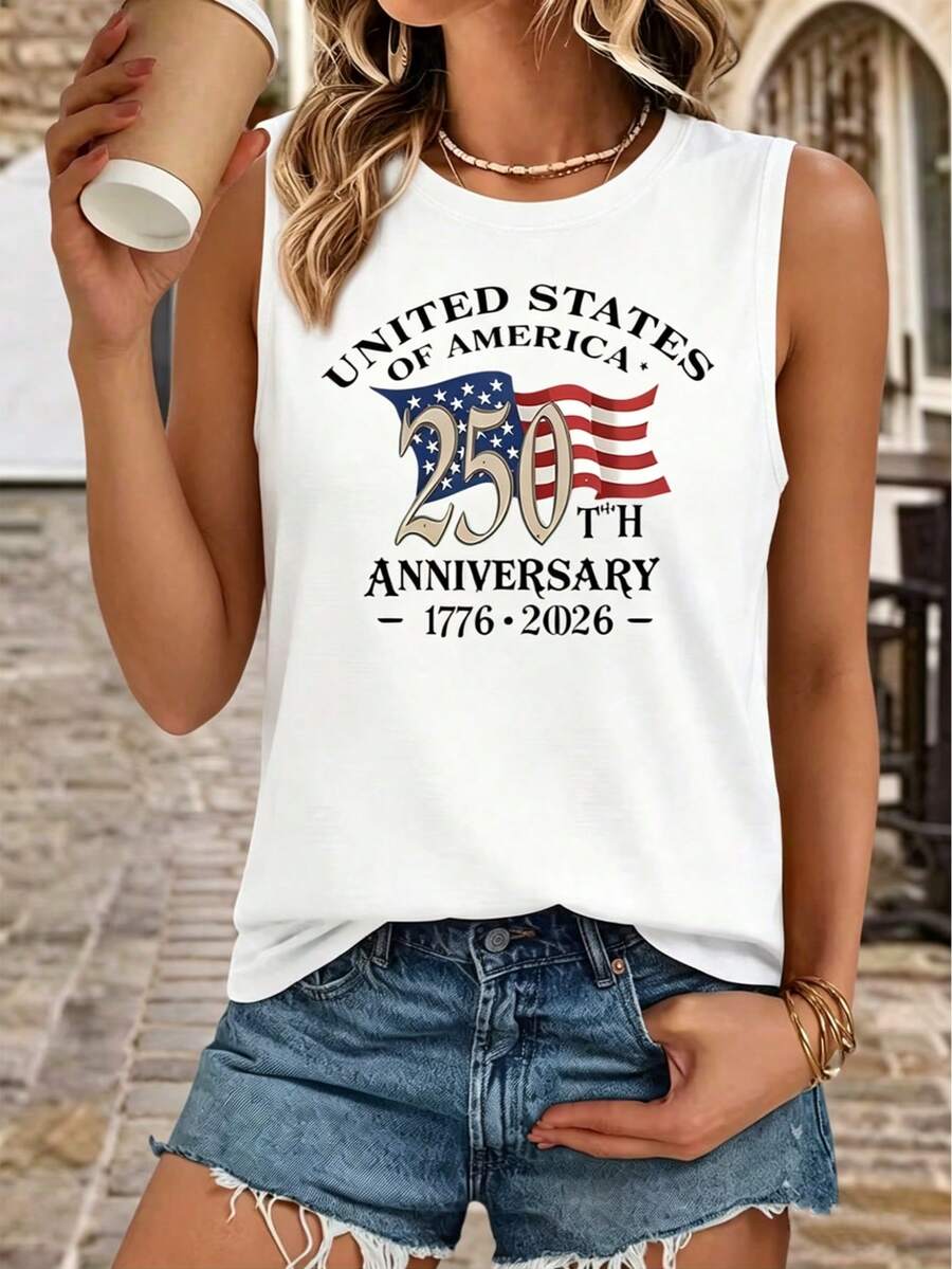 Sleeveless Tank Top, USA 250th Anniversary Print, Summer Tops For Women, 4th Of July Festival Outfit, Casual Vest Top - 白色3 - 查看 1