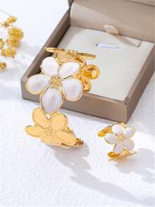 2pcs Jewelry Set, New European And American 5-Petal Flower Oil Drop Adjustable Bracelet And Ring For Women - Yellow Gold - View 3
