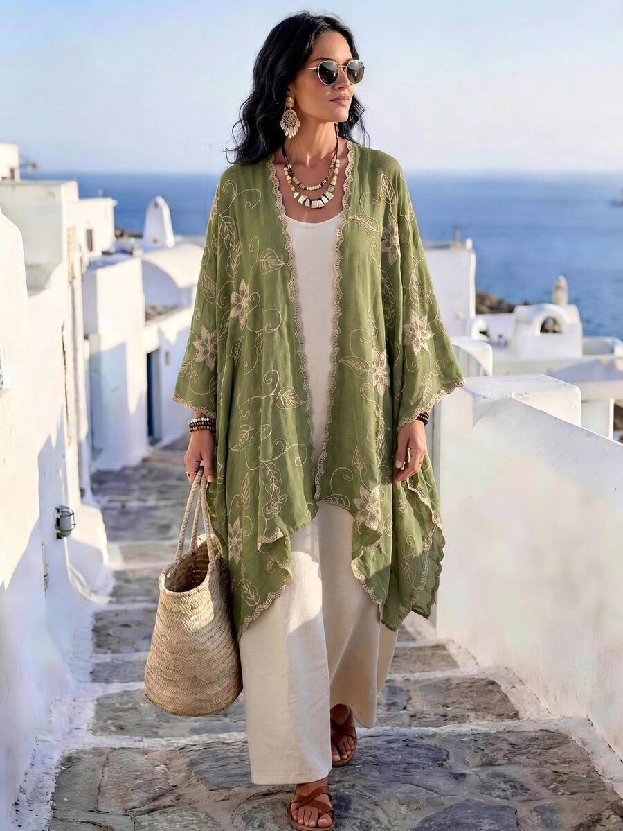 1件花卉刺繡波希米亞風和服式圍裙，女款春夏海灘罩衫，輕盈奢華配件 - 綠色 - 查看 1