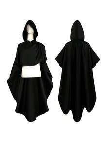 Retro European Medieval Knight's Cape For Halloween, Medium Length Hooded Cape - Black - View 4