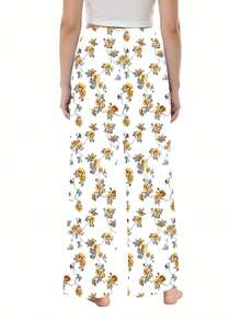 Women Straight Leg Wide Leg Pants Yellow Floral Print Casual Comfortable Loose Fit For Everyday Wear And Light Exercise 250g - 彩色 - 查看 2