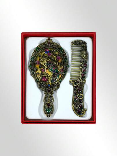 2pcs Retro Mirror Comb Set, Vintage Peacock Metal Mirror Comb Set Antique ,Handheld Vanity Mirror Comb Set Antique Pewter, Portable Handheld Vanity Mirror Comb ,Decorative Hand Mirror Metal Vanity Mirror Comb Set(Random Color Of Rhinestones)