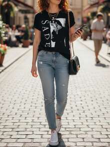 Local Delivery, Women's One-Piece Printed T-Shirt, Casual Short-Sleeve Round Neck Top, Summer Round Neck Top, Machine Washable, Casual Top, Comfortable Fit, Loose Casual Style, Suitable For Daily Wear, Machine Washable. - 黑色 - 查看 2
