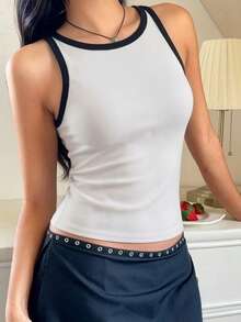 1pc All-Match Casual Comfortable Colorblock Ribbed Tank Top, Slim Fit Round Neck Sleeveless Undershirt, Versatile For Daily Wear All Seasons - White - View 3