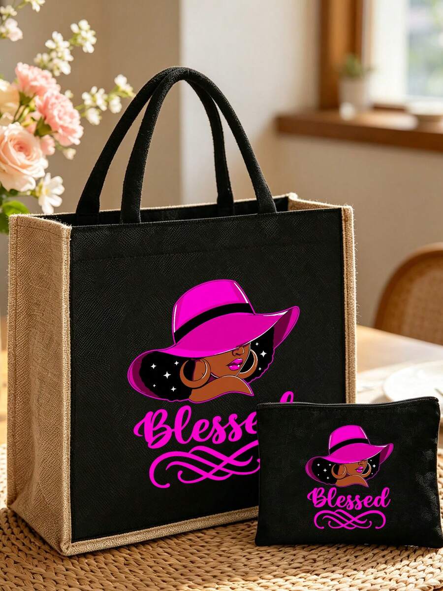 Lightweight Tote Bag Set, Unique "Blessing" Design, Minimalist Large Capacity Shoulder Bag With Portable Cosmetic Bag, Casual Storage Tote, Multifunctional Shopping Bag, Personalized Gift Bag Or Lunch Bag.