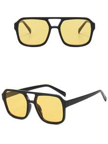 Unisex Geometric Double-Bridge Fashion Glasses, Suitable For Driving, Vacation, Fashionable Outfits, And Daily Wear - Yellow - View 4