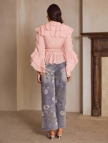 Simplee Áo nữ mùa hè kiểu Pháp cổ chữ V xếp ly, tay loe đính hoa hồng 3D, eo thon, chất liệu chiffon, thích hợp cho hẹn hò, du lịch, lễ hội âm nhạc, tiệc tốt nghiệp mùa xuân. - Màu Hồng baby - Xem 8