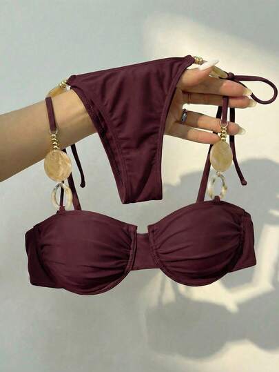 Bikinx Bộ bikini màu trơn không lưng, buộc dây phía trước, thích hợp cho kỳ nghỉ hè ở bãi biển.