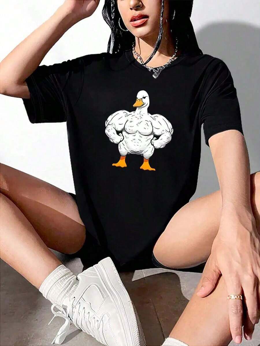 Solt 1pscINAWLY Camiseta de mujer de manga corta, cuello redondo, con estampado de pato, para primavera/verano, para actividades casuales y deportivas, gráfica100%cotton graphic - Negro - Ver 1