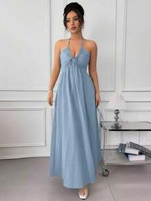 Vestido línea A con escote halter, cordones y espalda descubierta - Azul - Ver 4