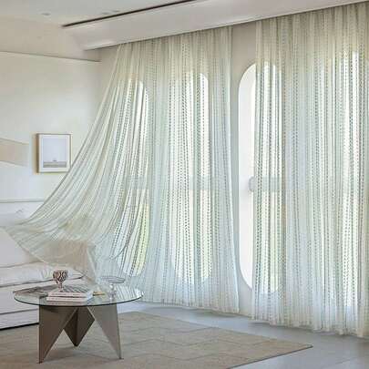 1pc Thickened Linen Blended Curtain, Nordic Style Linen Vertical Striped Jacquard Curtain, Thickened Semi-Sheer Balcony Sheer Curtain