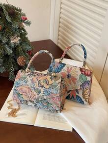 1 pieza Bolso de mano de mujer de jacquard para primavera/verano (patrón aleatorio), bolso de hombro/bandolera de moda con cadena, adecuado para ir al trabajo, compras, regalo - Multicolor - Ver 8
