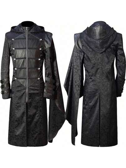 Men's Christmas Costume, Retro Steamer Uniform, Stand-Up Collar, Black Gothic Punk Cape Coat, Cosplay Costume