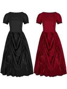 Plus Size Gothic Steampunk Dress, Top And Bottom, Vintage Punk Costume For Women - Drawstring Dress - Black - View 4