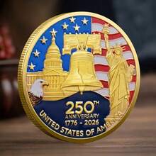 1pc 2026 United States Independence Day 250th Anniversary Commemorative Medal, 1776-2026 Reissue Coin, With Plastic Box And Eagle Challenge Coin Badge, Gold-Tone Metal Coin - View 7