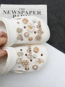 16 pièces Clips de chaussures polyvalents en or avec nœud et perle, décorations amovibles DIY pour chaussures de femmes, sandales, sacs de plage, convient pour les cadeaux de vacances et d'anniversaire - Doré - Voir 6