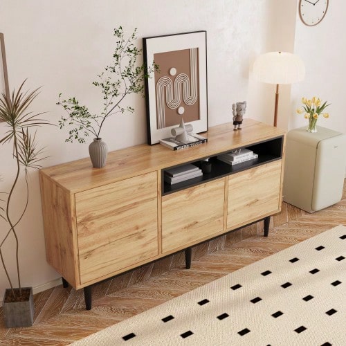 Modern Sideboard With Wooden Frames And Trim, 160 X 35 X 76 Cm, Easy Assembly, Flat-Sparendes Design, Robust And Durable - Natural Wood - 查看 1