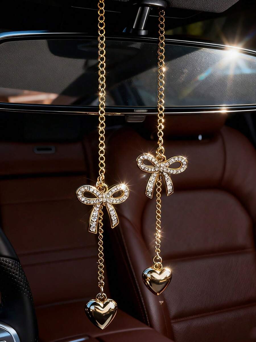 Car Waterproof Rhinestone Bow With Golden Heart-Shaped Charm, Bag Accessories, Silver Shiny Rhinestone Bow With Heart-Shaped Pendant+Exquisite Chain Design. Travel Accessories, Home Decor, Exquisite Gifts; Hang It On The Rearview Mirror Without Obstructing The Line Of Sight. Lightweight - One Size Fits All - View 1