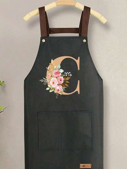 With Practical Pockets,Golden Floral Letters A-Z Print, Unisex, Heavy-Duty Bib Straps, Large Pockets,Washable,Stain-Resistant & Durable Kitchen Apron