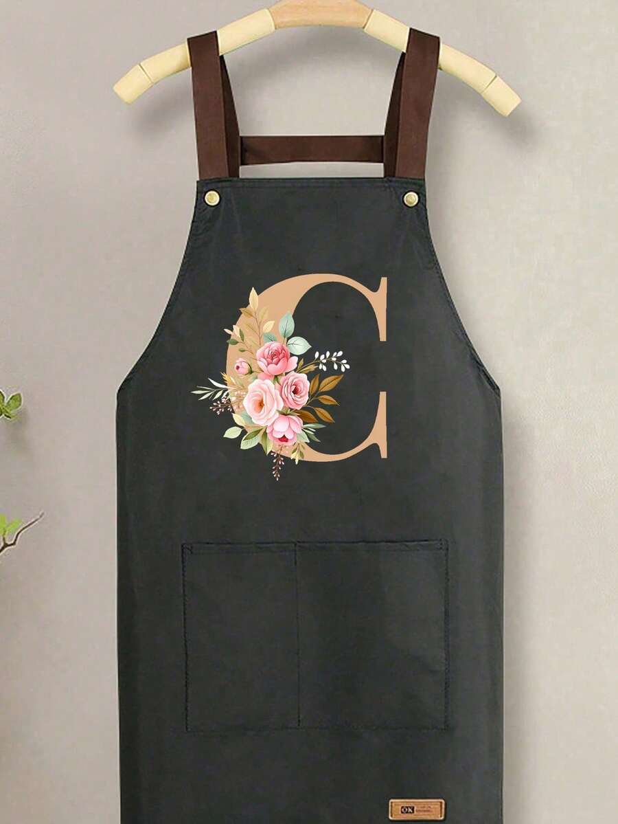 With Practical Pockets,Golden Floral Letters A-Z Print, Unisex, Heavy-Duty Bib Straps, Large Pockets,Washable,Stain-Resistant & Durable Kitchen Apron - Multicolor - View 1