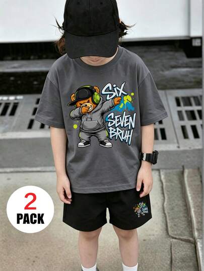 Bộ 2 món cho bé trai tuổi teen, gồm áo thun ngắn tay in hình gấu nhỏ "Six Seven Bruh" và quần short màu trơn, trang phục thường ngày phong cách đường phố.