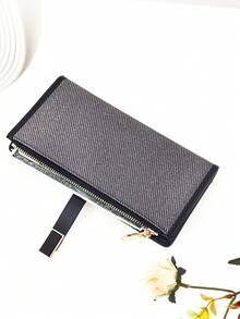 MINGYOU Women's Long Wallet, PU Leather & Woven Fabric Patchwork Colorblock Design, Large Capacity Multi-Card Slots, Zipper Coin Pouch, Convenient Carry, Suitable As Holiday Gift - Black - View 4