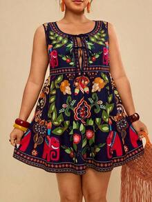 Vestido mini negro de algodón con lazo delantero y sin mangas, versátil y casual, talla grande - Multicolor 2 - Ver 7
